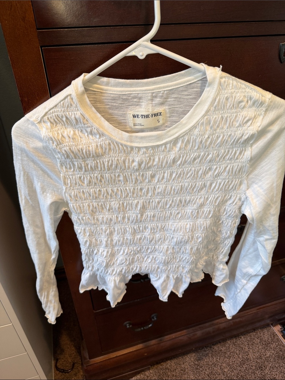 We The Free White Smocked Long Sleeve Crop Top